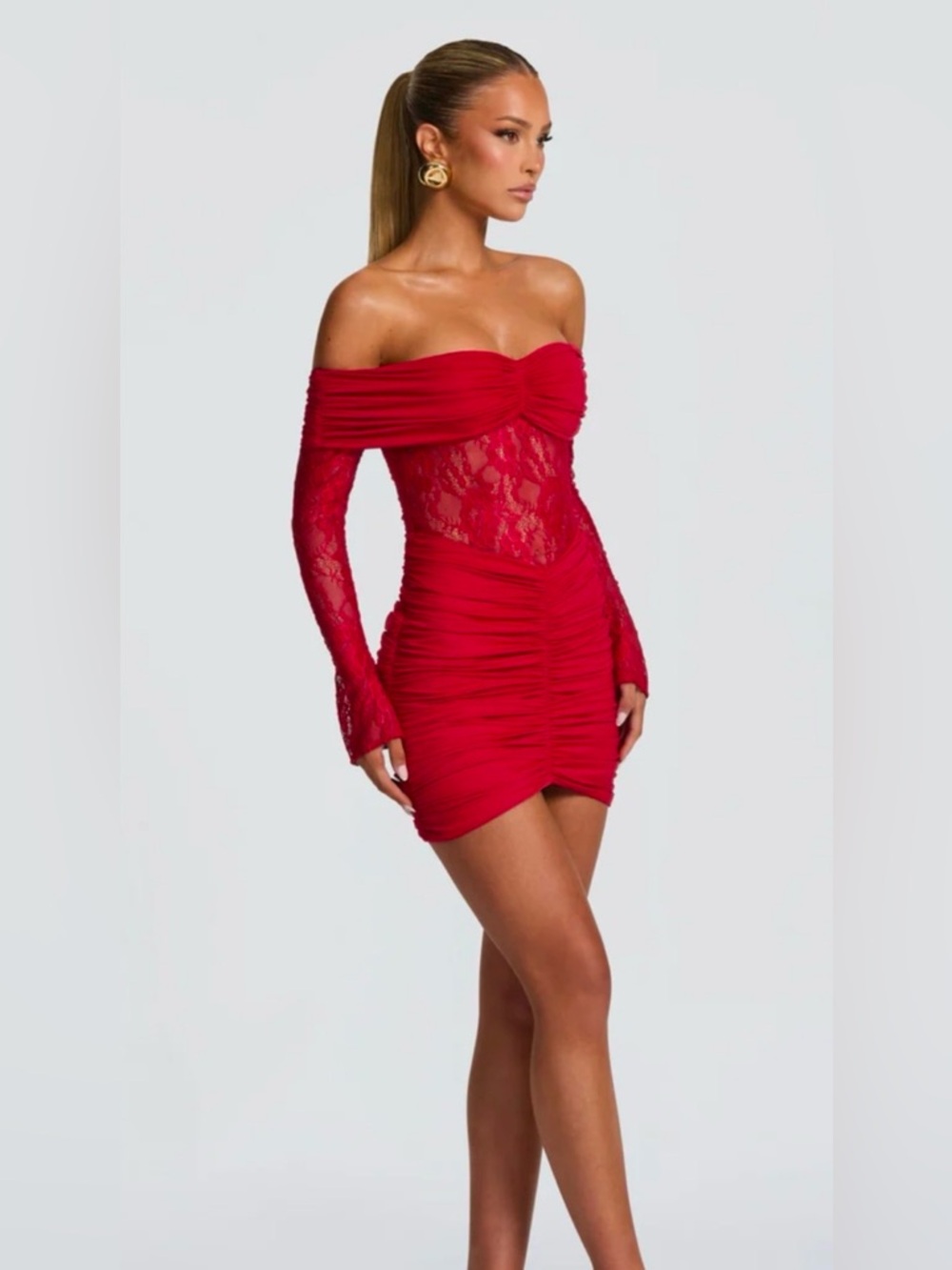 Off-Shoulder Red Lace Ruched Mini Dress with Long Sleeves